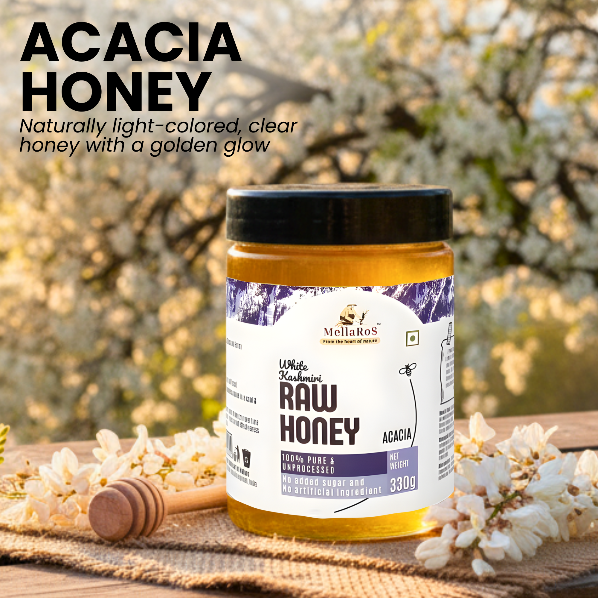 Organic White Kashmiri Acacia Raw Honey-330g 100% Pure Farm fresh with No Sugar Adulteration, Unheated & Unprocessed | Non Pasteurized Original Honey | Certified by the ISO 22000:2018, APEDA