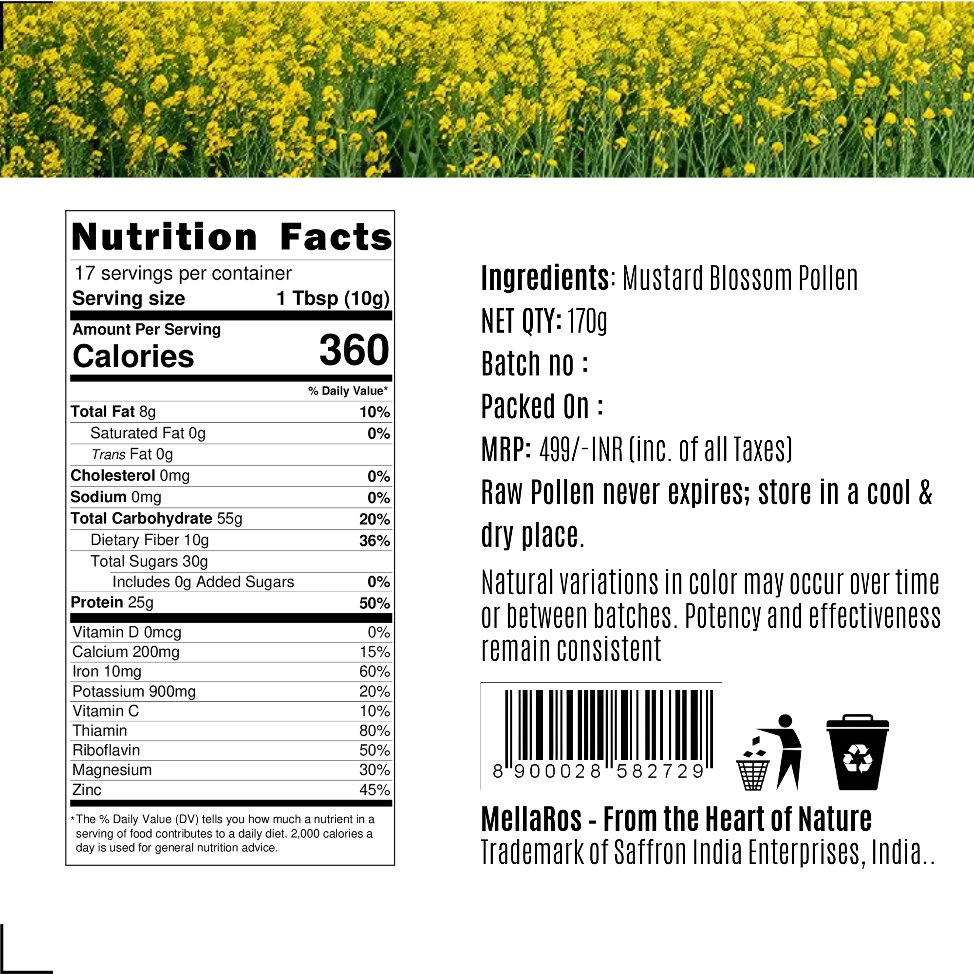 Organic Bee Pollen Granules 170g with Spoon | Rich in Protein - Mustard