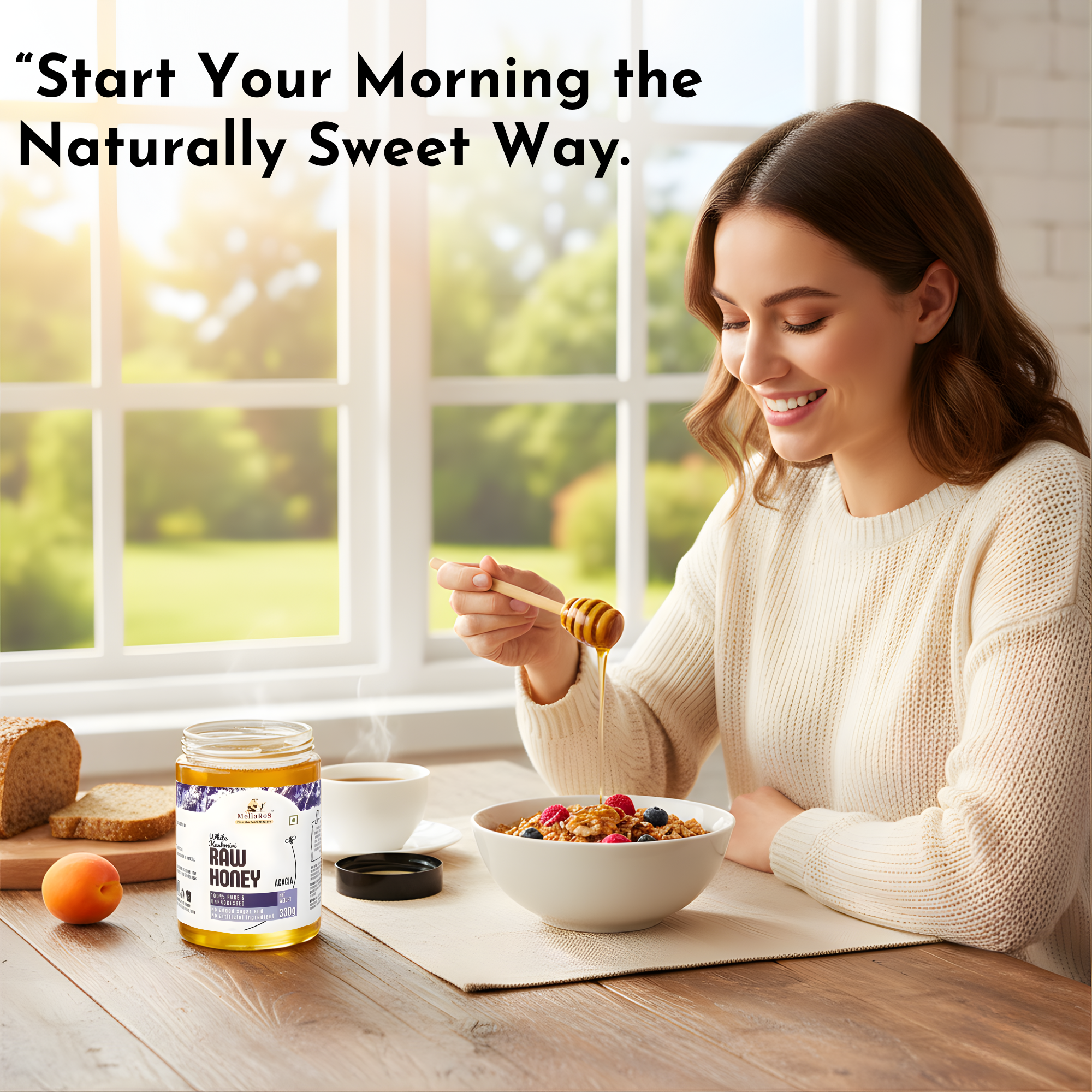 Organic White Kashmiri Acacia Raw Honey-330g 100% Pure Farm fresh with No Sugar Adulteration, Unheated & Unprocessed | Non Pasteurized Original Honey | Certified by the ISO 22000:2018, APEDA