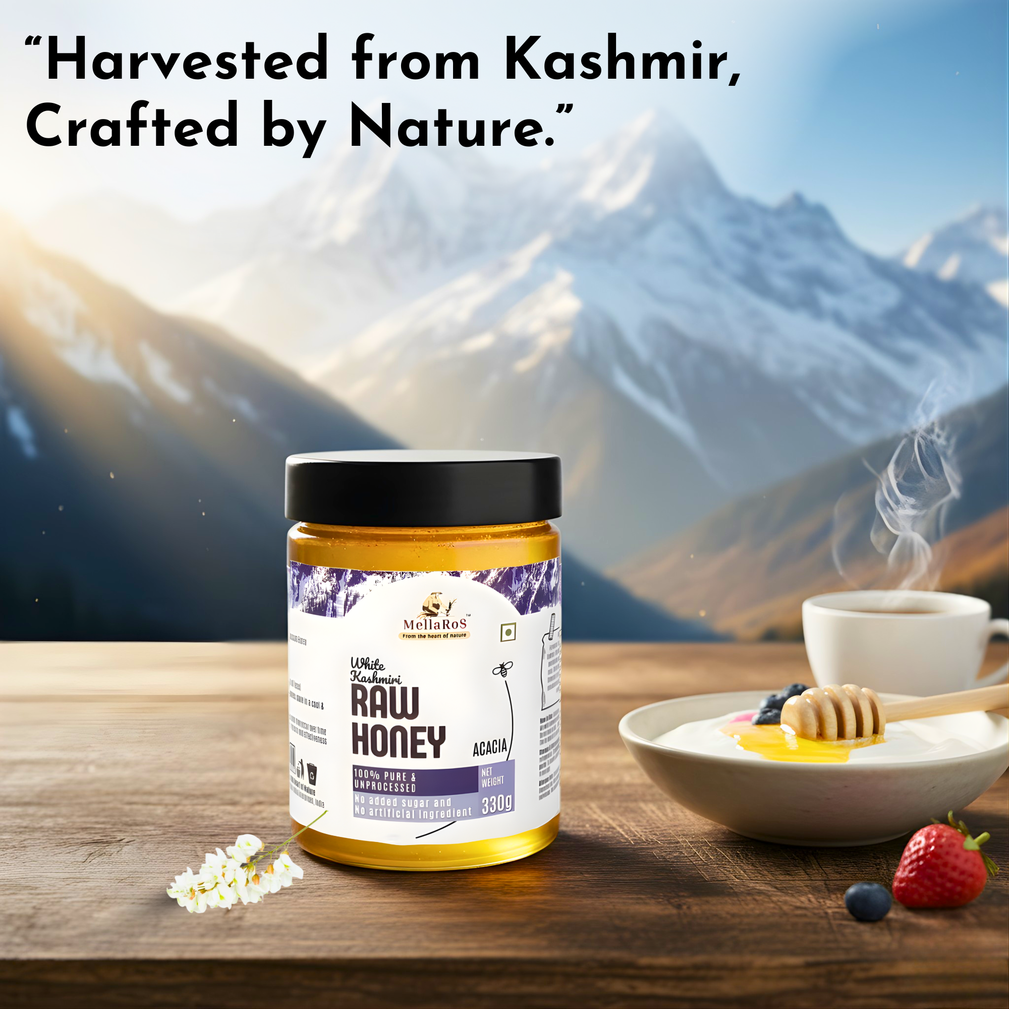 Organic White Kashmiri Acacia Raw Honey-330g 100% Pure Farm fresh with No Sugar Adulteration, Unheated & Unprocessed | Non Pasteurized Original Honey | Certified by the ISO 22000:2018, APEDA