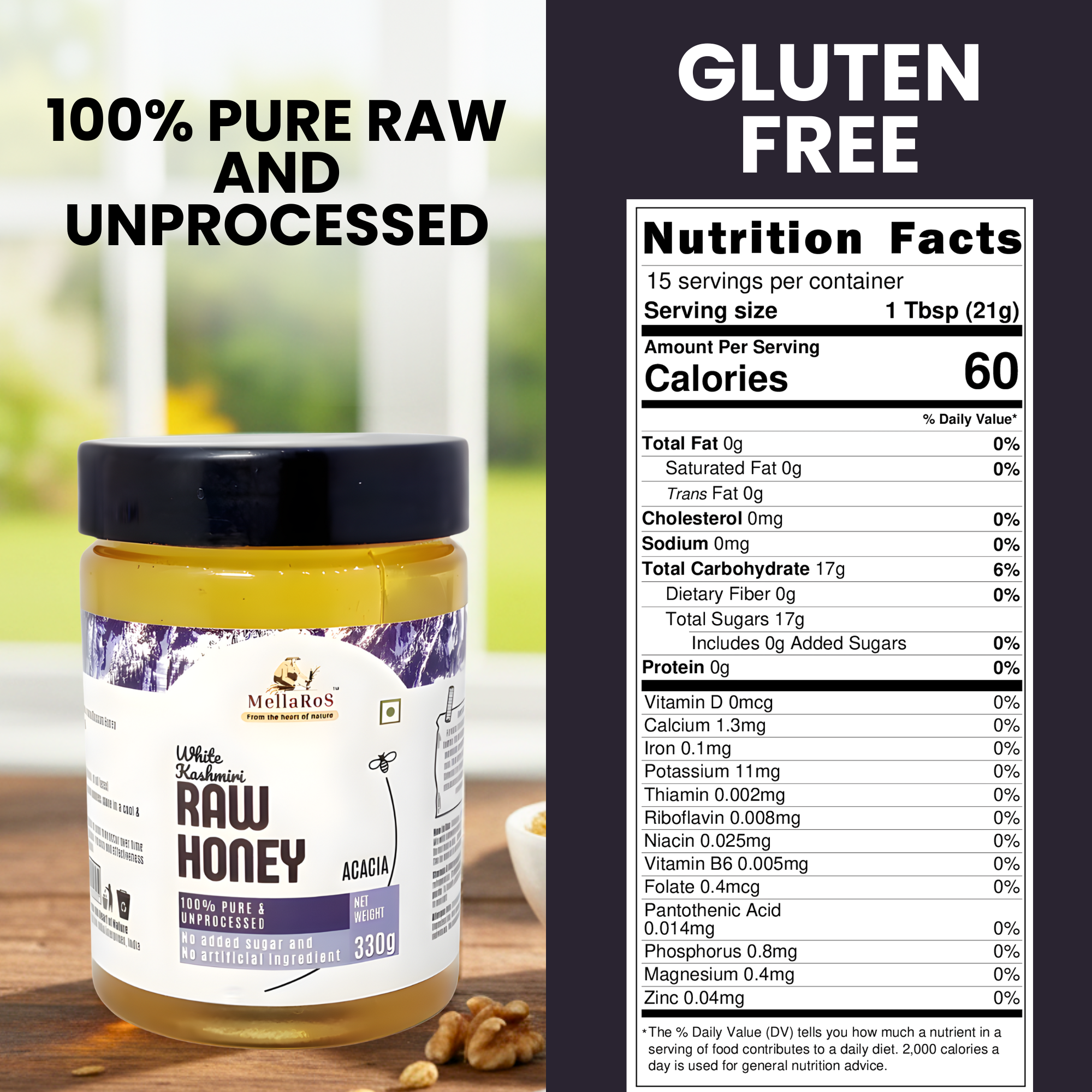 Organic White Kashmiri Acacia Raw Honey-330g 100% Pure Farm fresh with No Sugar Adulteration, Unheated & Unprocessed | Non Pasteurized Original Honey | Certified by the ISO 22000:2018, APEDA