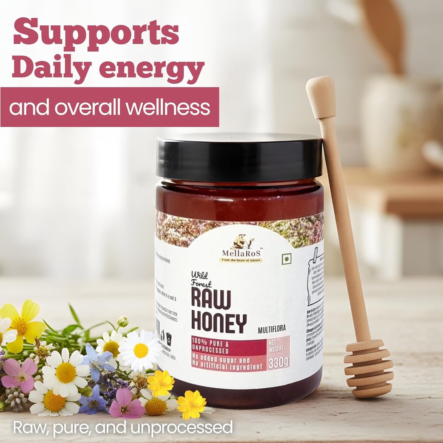 Organic Forest Raw Honey (Multifloral-330g) 100% Pure Farm fresh with No Sugar Adulteration, Unheated & Unprocessed | Non Pasteurized Original Honey | Certified by the ISO 22000:2018, APEDA