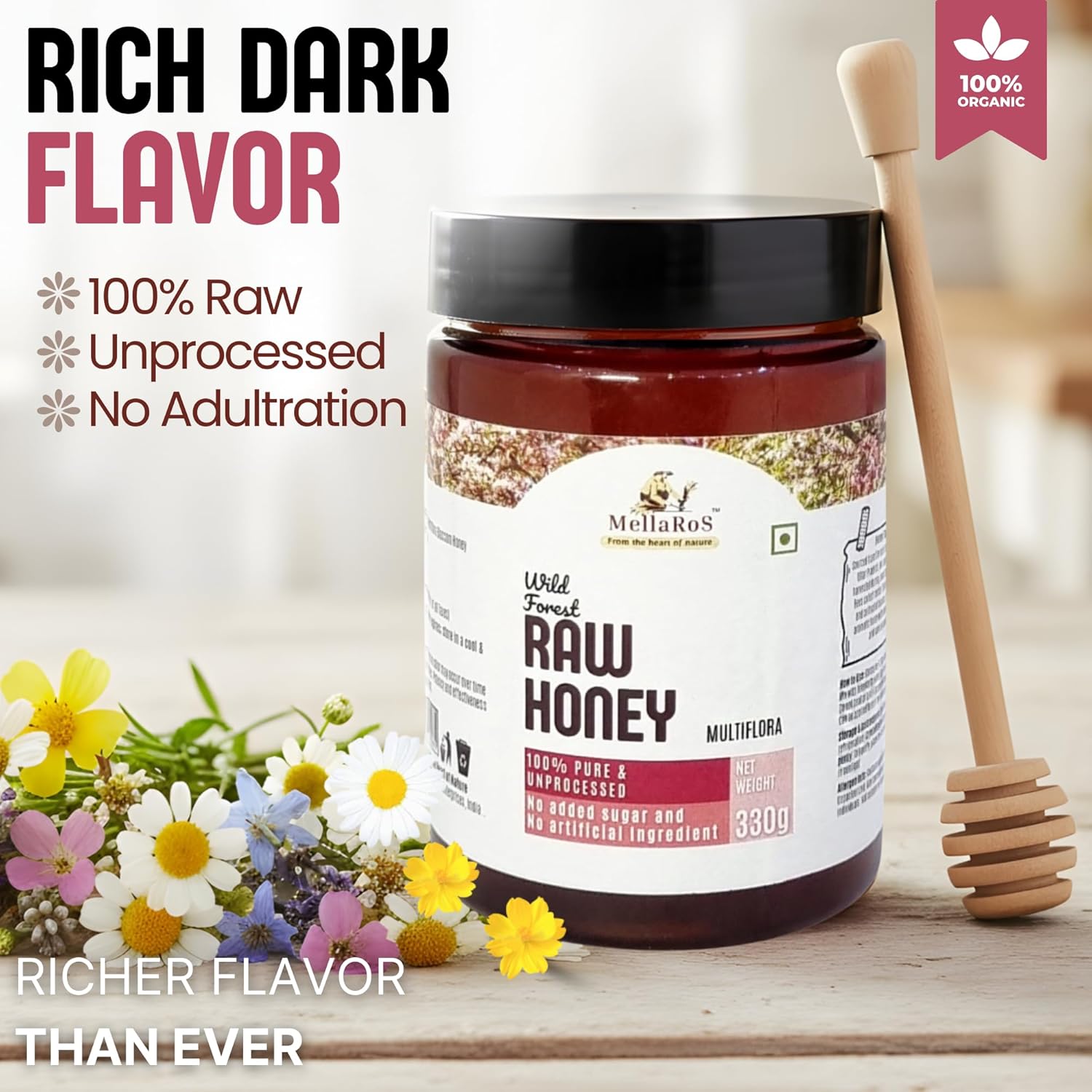 Organic Forest Raw Honey (Multifloral-330g) 100% Pure Farm fresh with No Sugar Adulteration, Unheated & Unprocessed | Non Pasteurized Original Honey | Certified by the ISO 22000:2018, APEDA