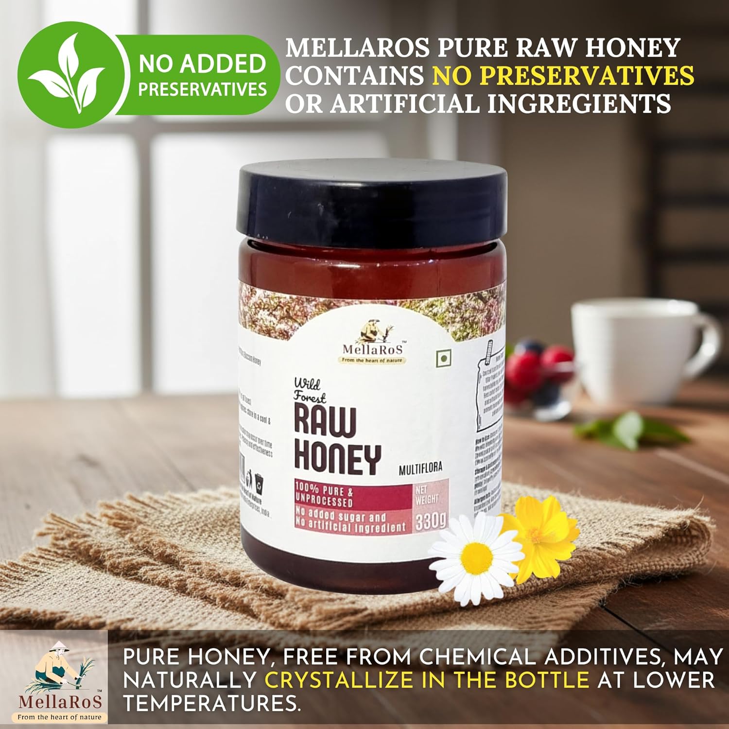 Organic Forest Raw Honey (Multifloral-330g) 100% Pure Farm fresh with No Sugar Adulteration, Unheated & Unprocessed | Non Pasteurized Original Honey | Certified by the ISO 22000:2018, APEDA