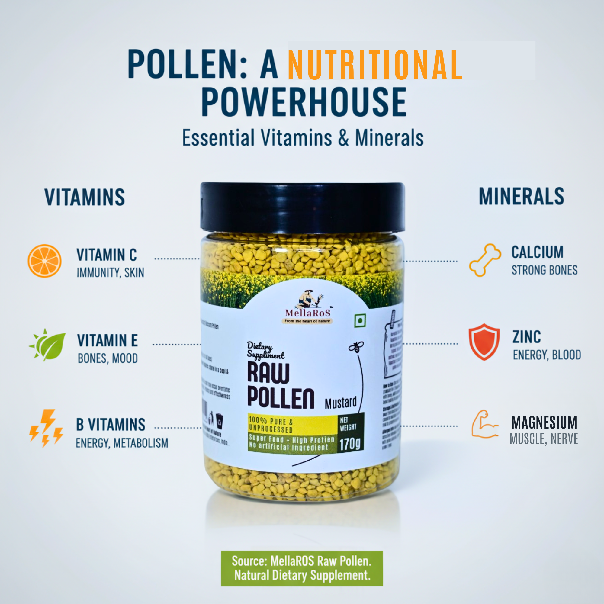 Organic Bee Pollen Granules 170g with Spoon | Rich in Protein - Mustard