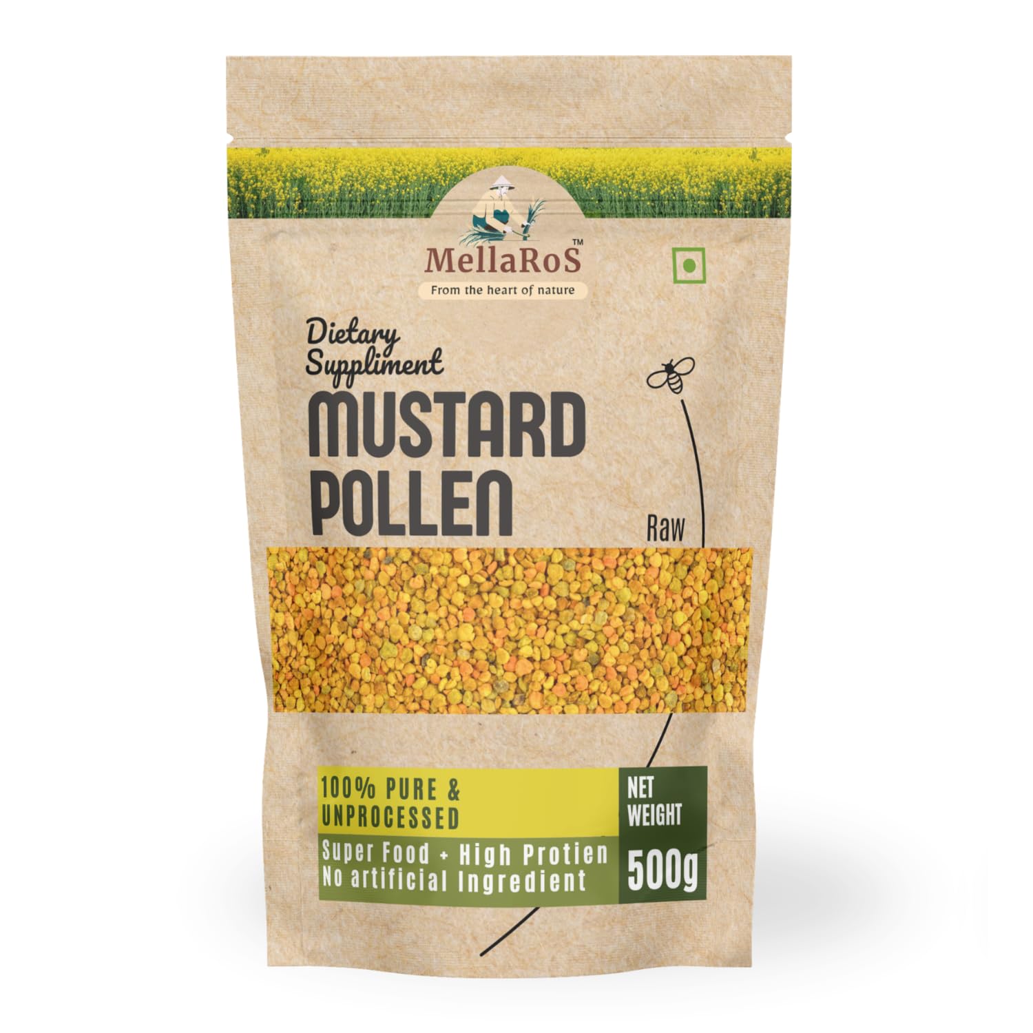 Organic Bee Pollen Granules 500g with Spoon (Mustard)