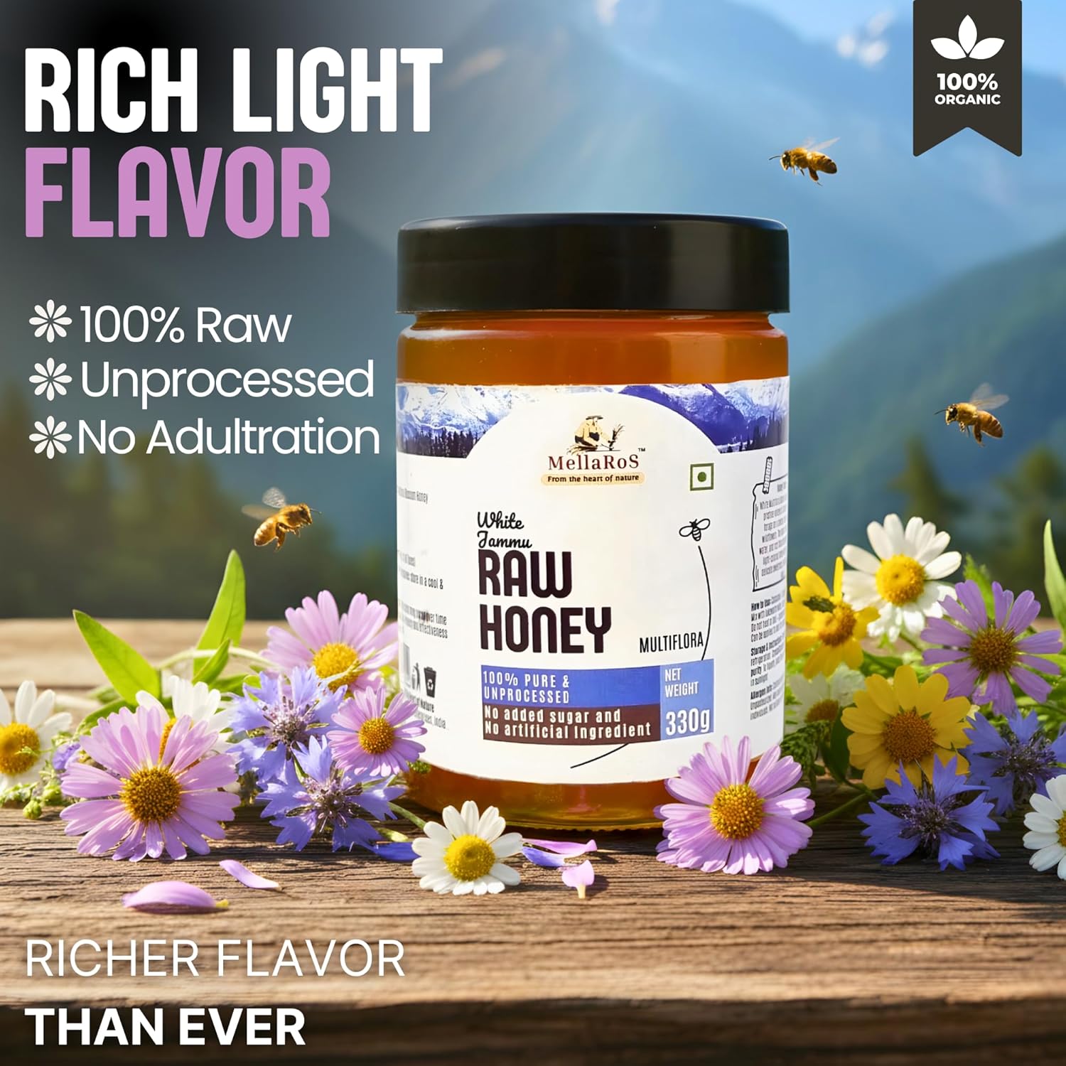 MellaRos Organic White Jammu Raw Honey (Multifloral-330g)