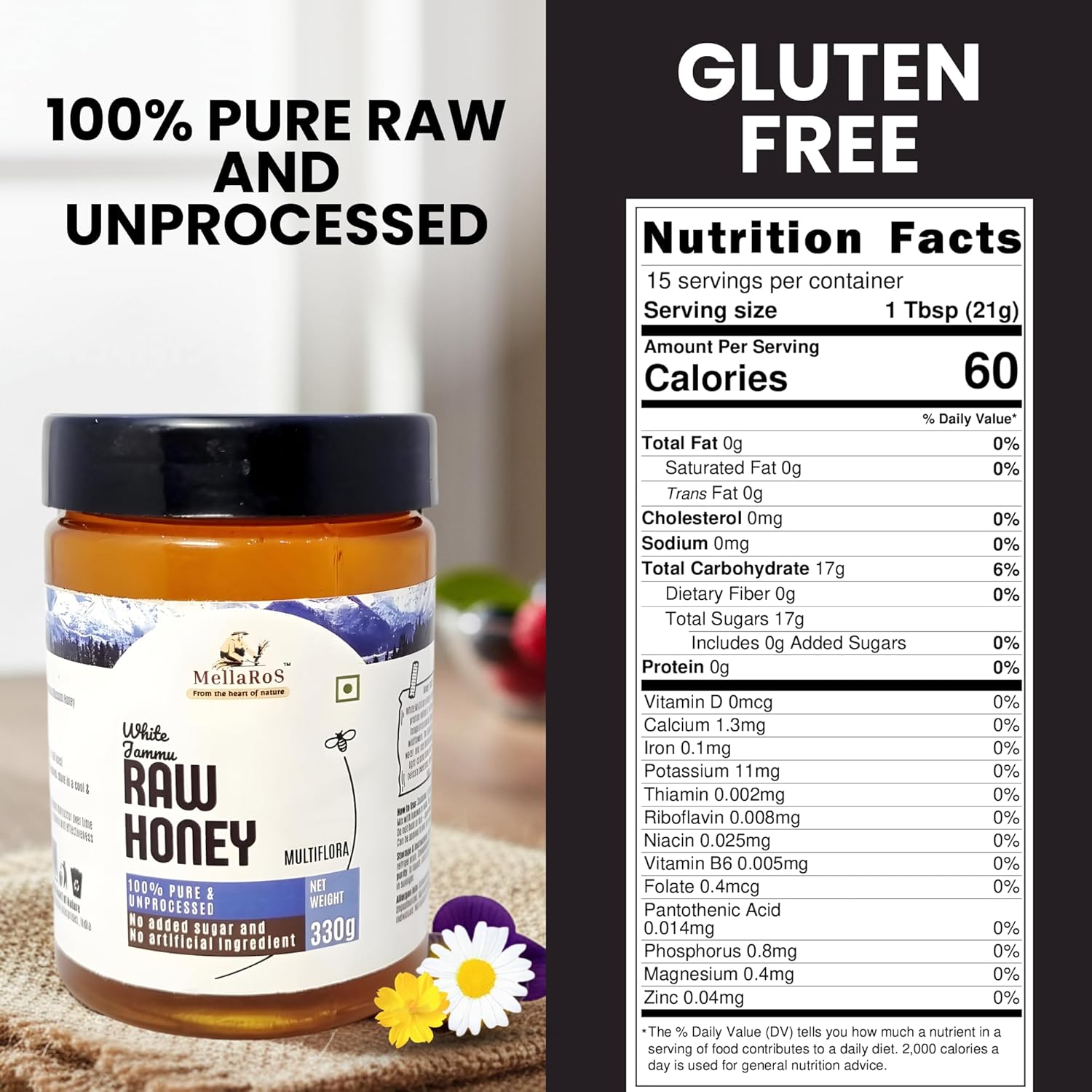 MellaRos Organic White Jammu Raw Honey (Multifloral-330g)