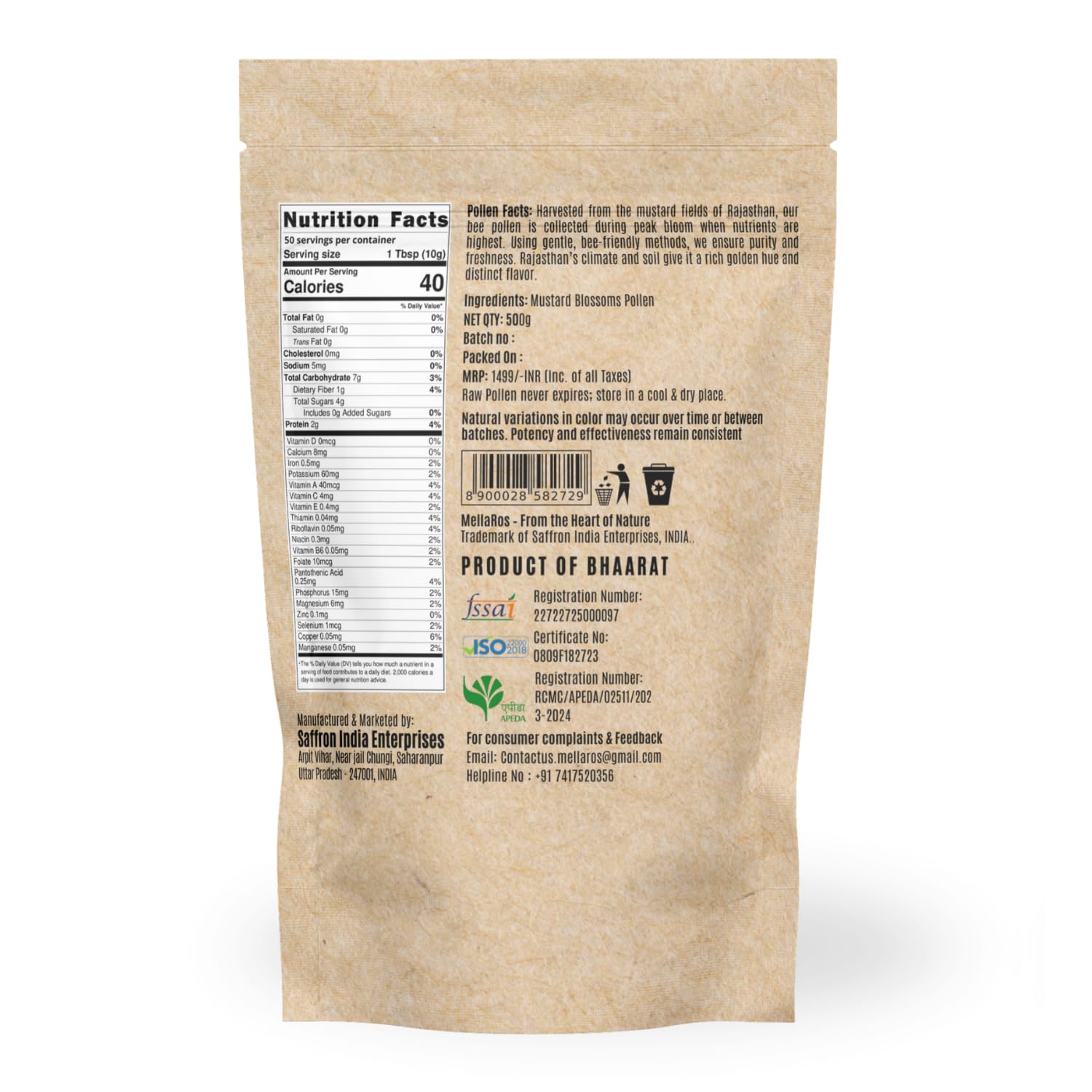 Organic Bee Pollen Granules 500g with Spoon (Mustard)