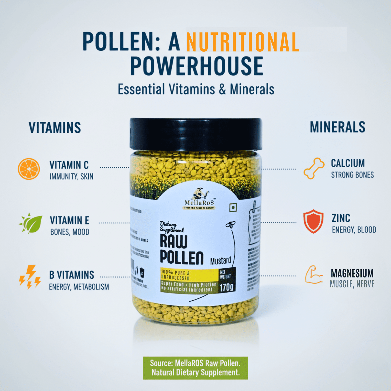 Organic Bee Pollen Granules 170g with Spoon | Rich in Protein - Mustard