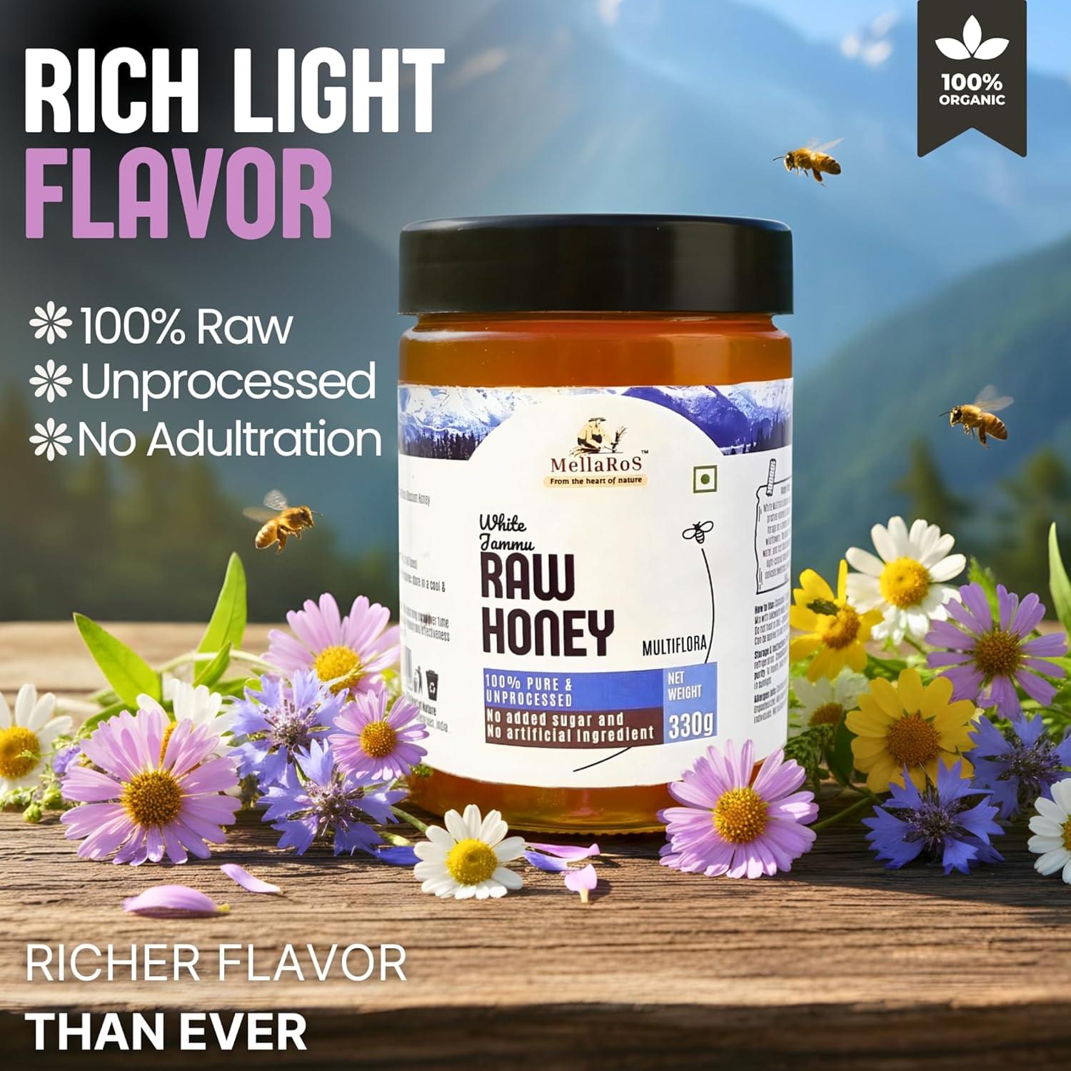 MellaRos Organic White Jammu Raw Honey (Multifloral-330g)